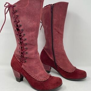 Dkode  Zip Side and Lace-Up Corseted Red Leather Boots Made In Portugal Size 37